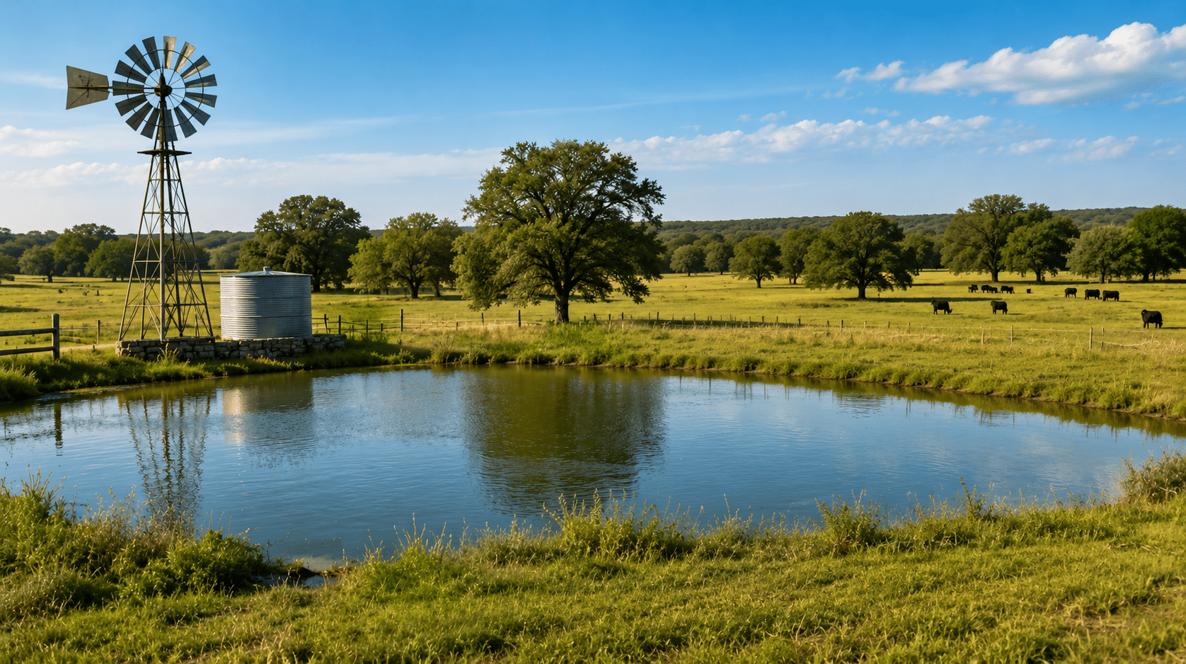 Rural Texas ranch landscape with a pond, windmill, water tank, scattered trees and grazing cattle beneath a blue sky.